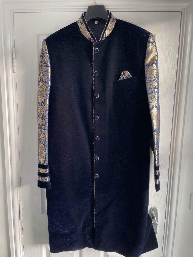 Men’s Sherwani and trousers - Velvet - Blue/Gold