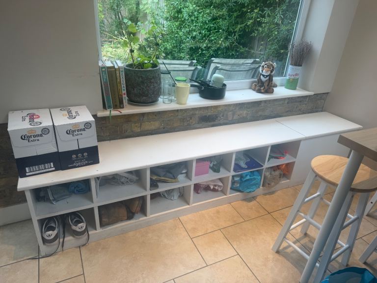 White Wooden Storage Bench with sections for shoes etc
