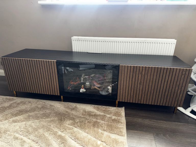 Stylish Black Wood TV Unit – 180cm with Slatted Doors & Storage