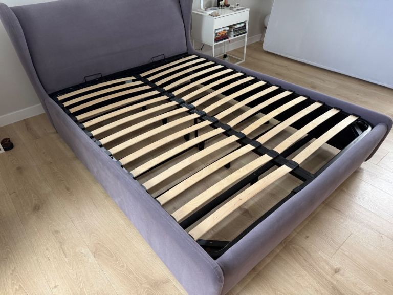 Stylish King Size Double Bed Frame – Purple Fabric, Good Condition for Sale