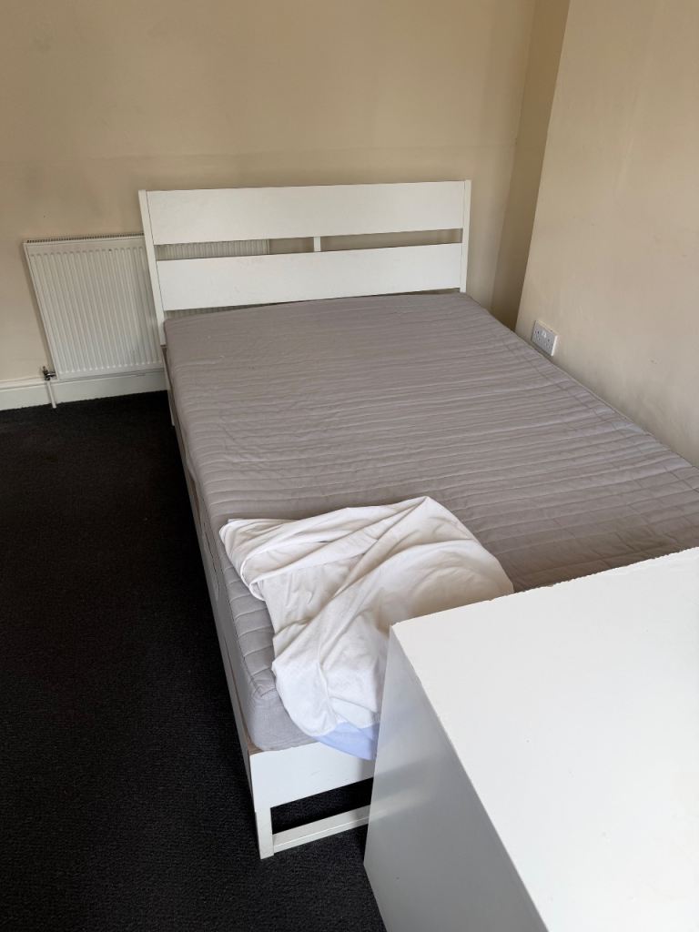 White Wooden Bed Frame with Headboard – Good Condition