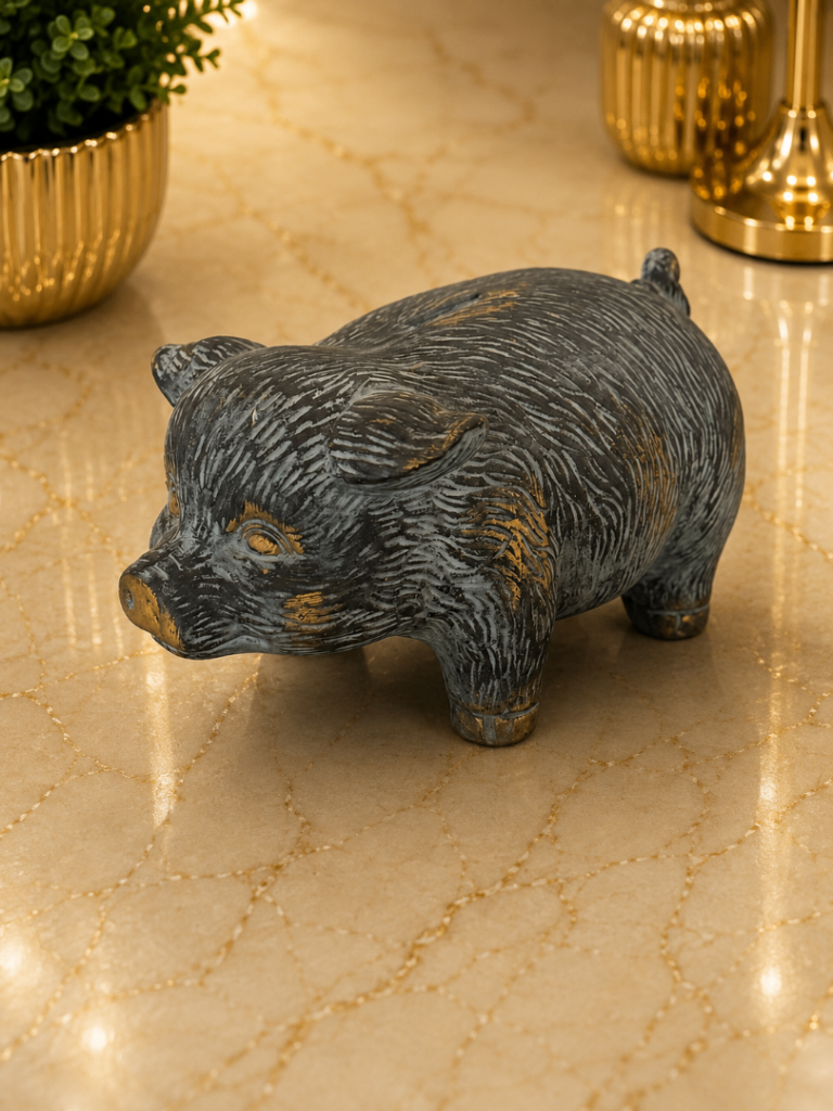 Charming Piggy Bank Ornament – Grey with Gold Accents
