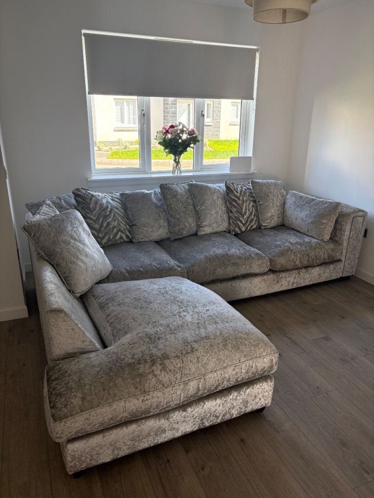 Large Crushed Velvet Corner Sofa – Grey, Good Condition
