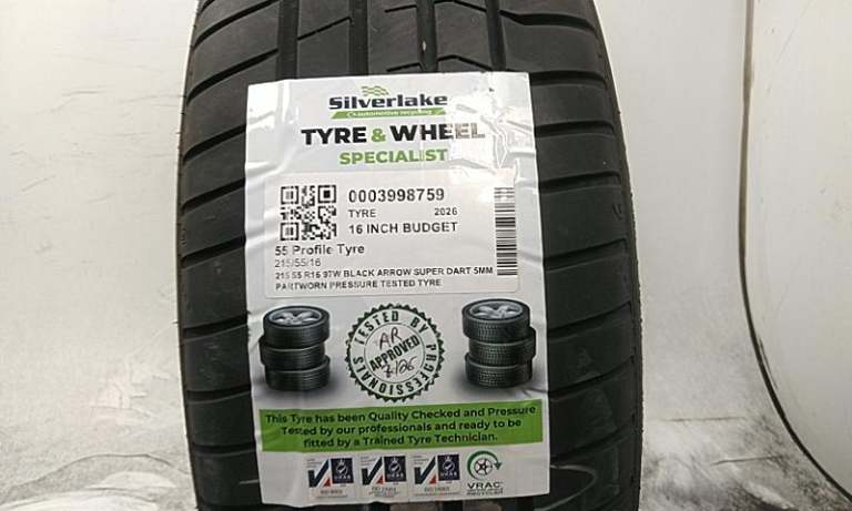 215 55 R16 97w Black Arrow Super Dart 5mm Partworn Pressure Tested Tyre