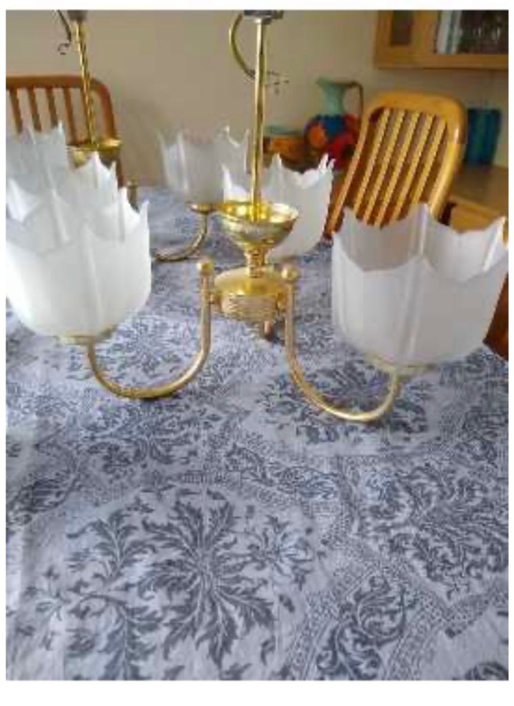 BHS Ceiling Light Chandelier With 3 Gold Arms Frosted Glass Lamp Shades & Bulbs