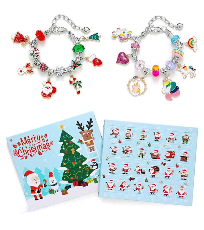 Christmas Advent Calendar with 24 Charms Beads and 2 Bracelets 