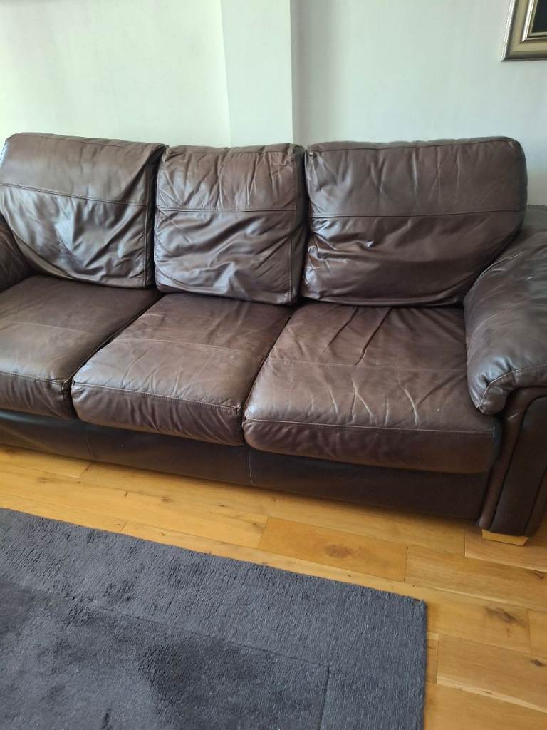 Comfortable Brown Leather Three-Seater Sofa - Good Condition
