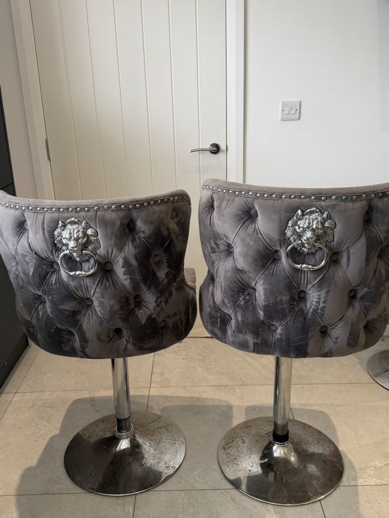 Valente Grey Velvet Bar Stools - Pair, Fair Condition