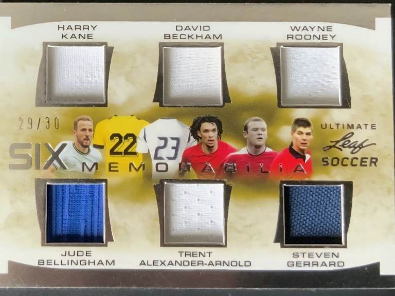 image for 2022 Leaf Ultimate Soccer Silver Six Memorabilia #/30 Kane Beckham Rooney Bellingham Gerrard Alexa