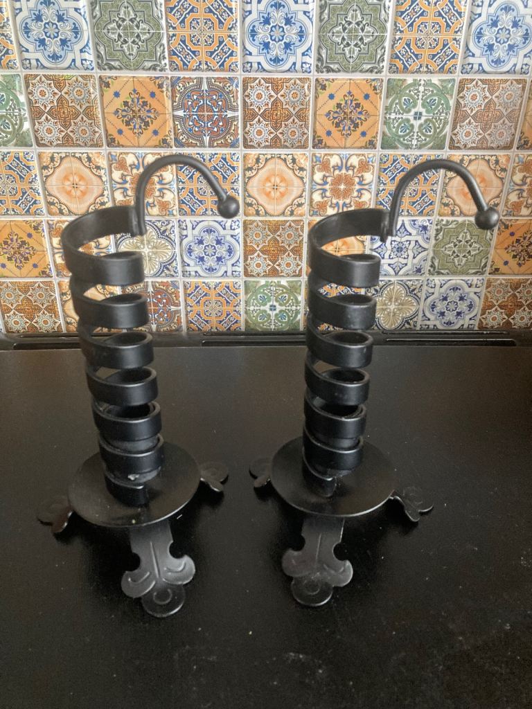 Pair of black metal Spiral candlestick holders. Modern repro of Victorian ware. 8”H