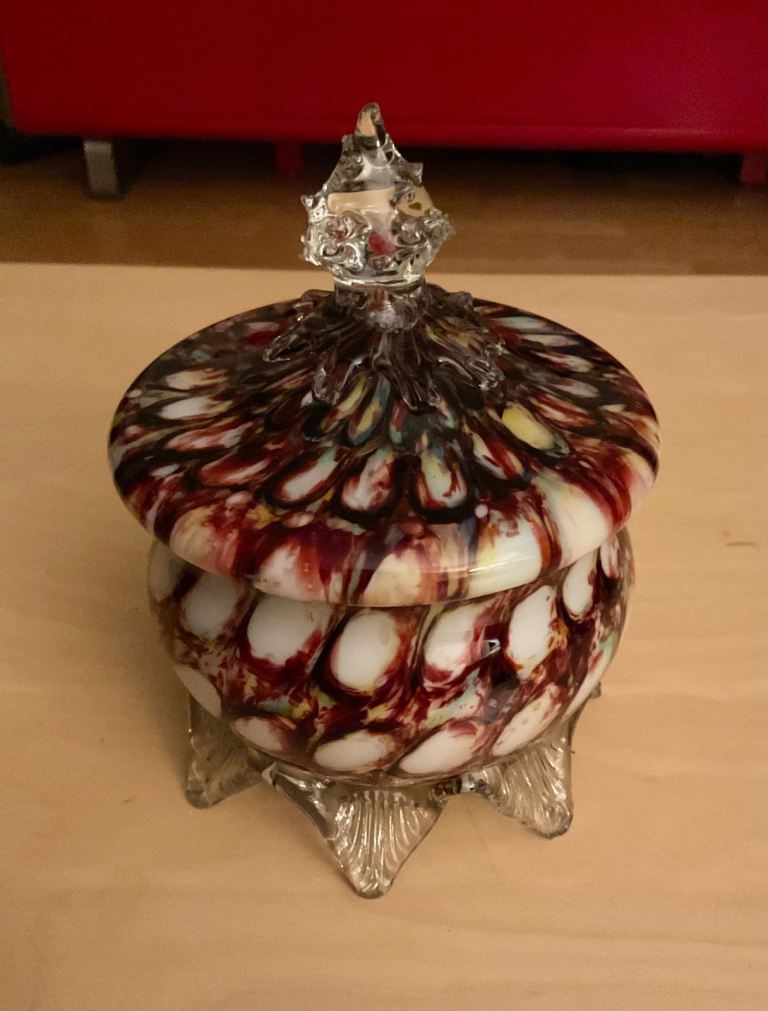 IMMACULATE VICTORIAN FRANK WELZ HONEYCOMB SPLATTER GLASS TOBACCO CANDY JAR 1890s