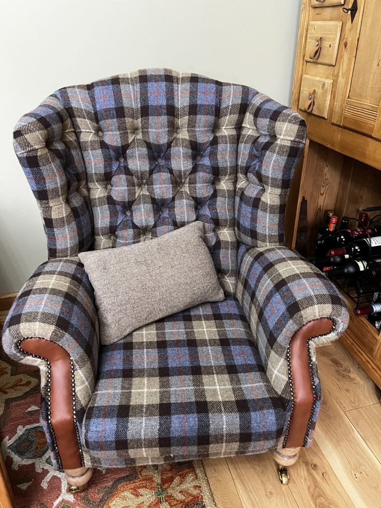 Unique stunning antique queen Ann wing bespoken chair in Harris Tweed