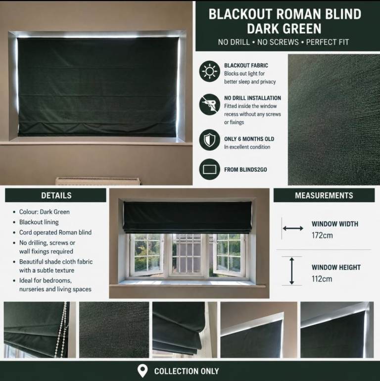 Blinds2Go Dark Green Blackout Roman Blind 172cm x 112cm – No Drill