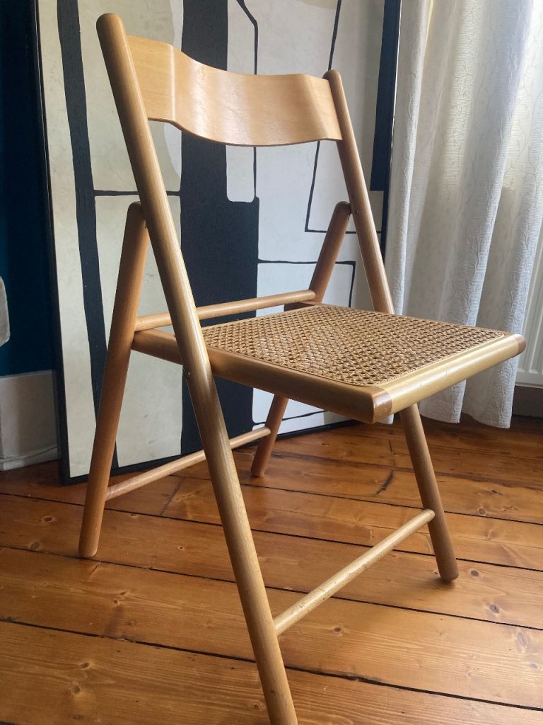 Vintage Habitat Beech Bentwood Folding Chair – 1980s Rattan Wicker Seat
