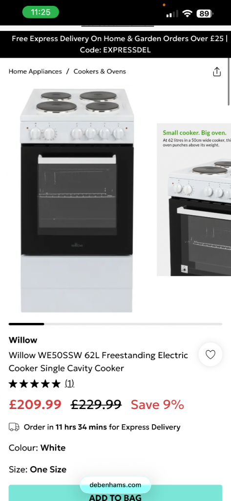 Willow WE50SSW 62L Freestanding Electric Cooker - White, New