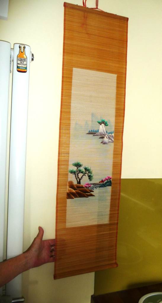 Chinese style Bamboo wall hanging scroll with embroidered landscape  design.