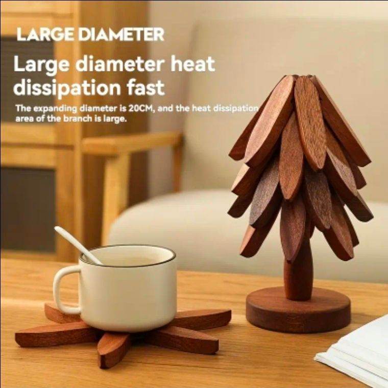 4pcs Walnut Wooden Heat-Resistant Coaster Set – Tree-Shaped Non-Slip Mats with Base for Kitchen
