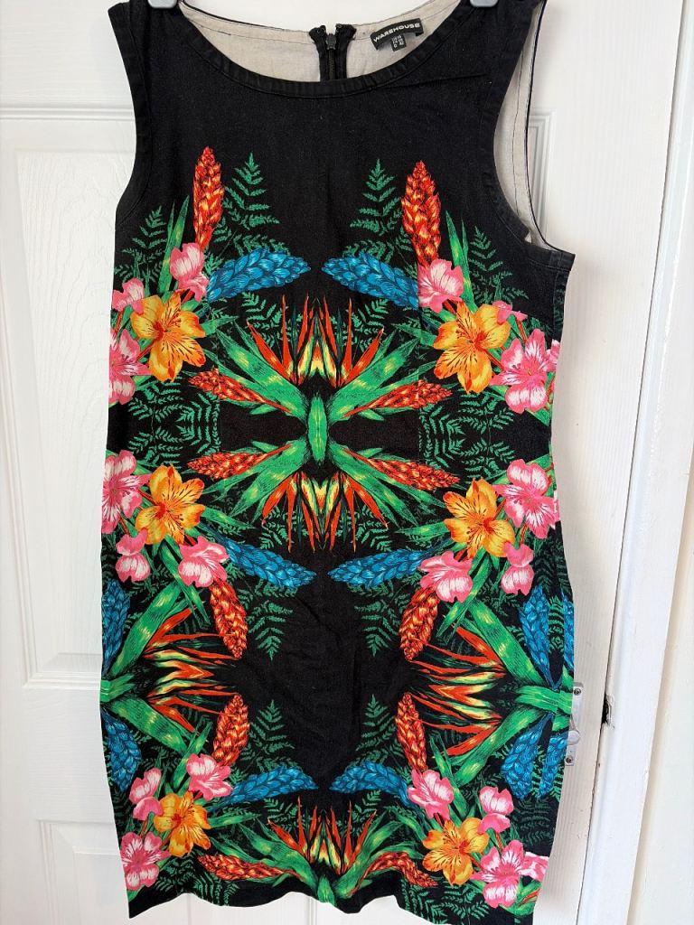 Warehouse Tropical Print Dress – Size 12, Cotton, Good Condition
