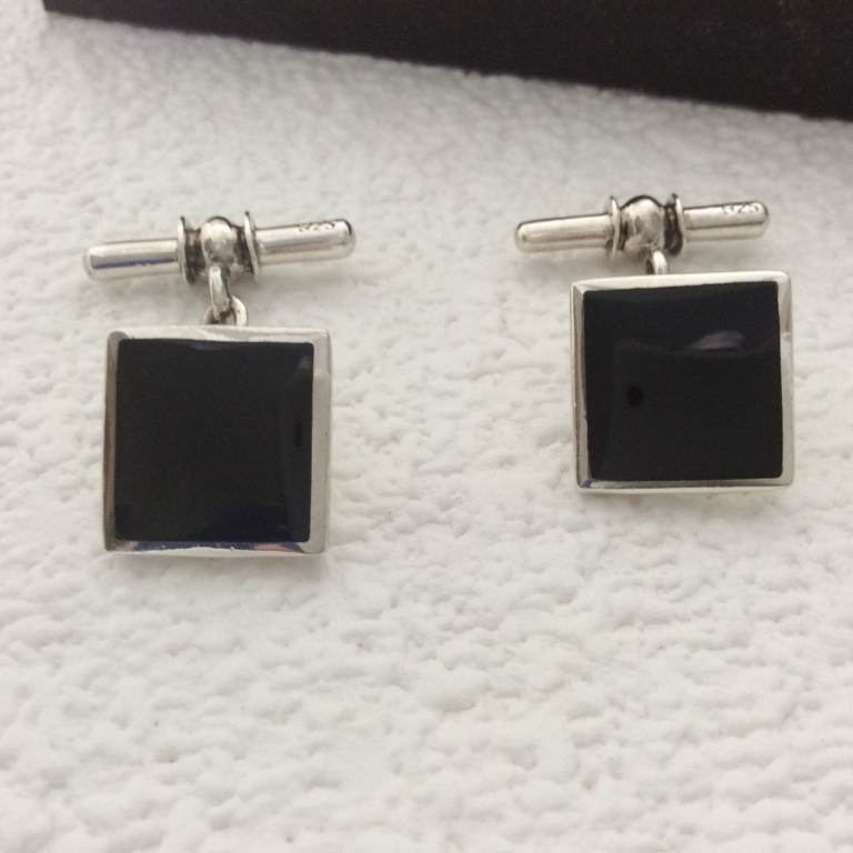 Classic 925 silver onyx square cufflinks - chain link - 13mm/0.5'' - gift box