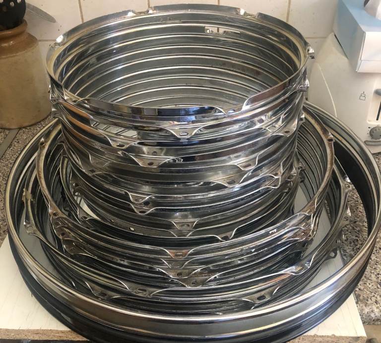 JOB LOT OF CHROME DRUM HOOPS. 12, 13, 16, 18 AND 22 INCH 