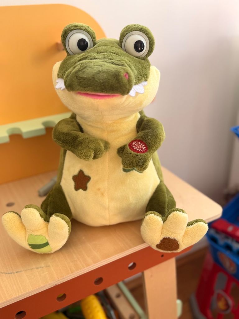Interactive Crocodile Plush Toy – Green and Yellow