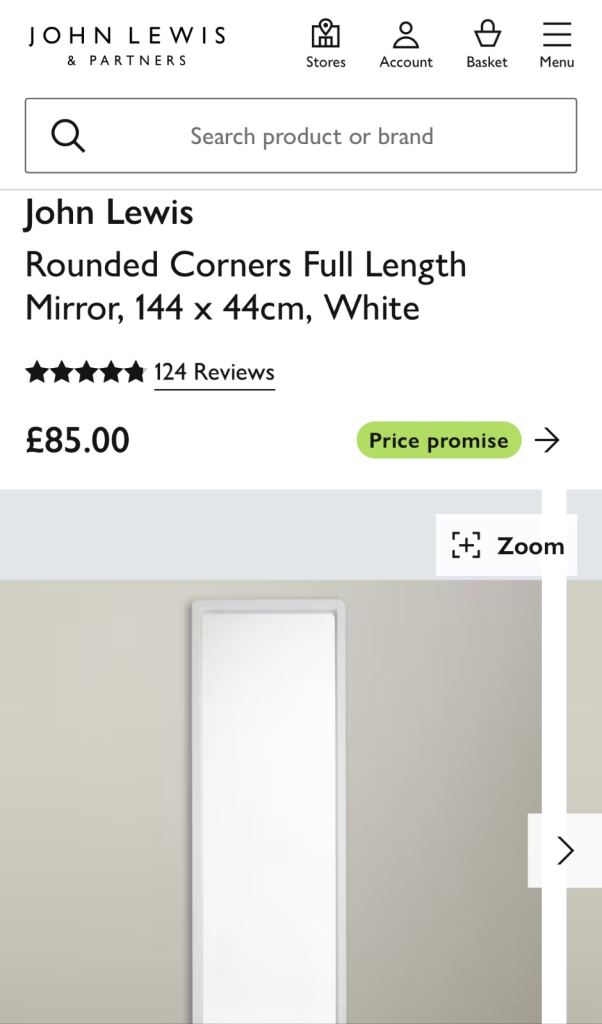 John Lewis Rounded Corners Full Length Mirror, 144 x 44cm, White