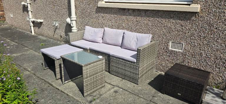 Grey Rattan Garden Sofa Set with Cushions and Table