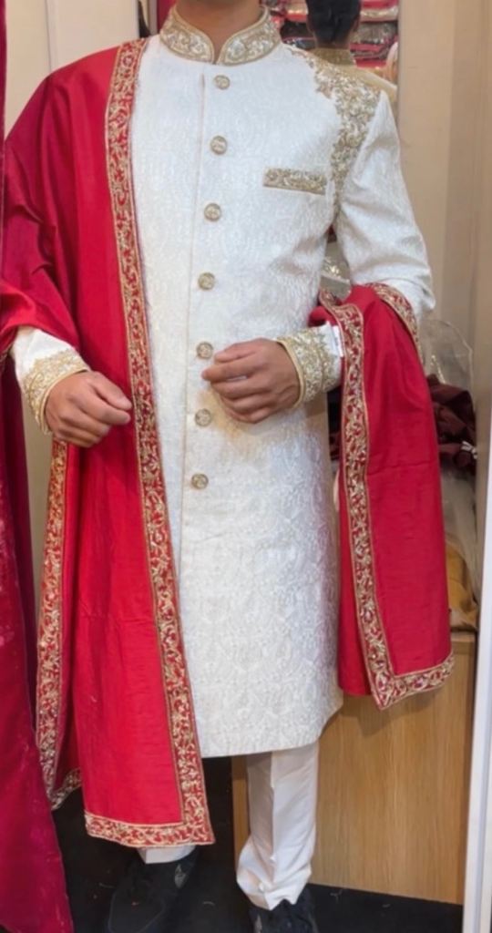 Stunning Mens Sherwani Suit with Red Shawl – As Good As New