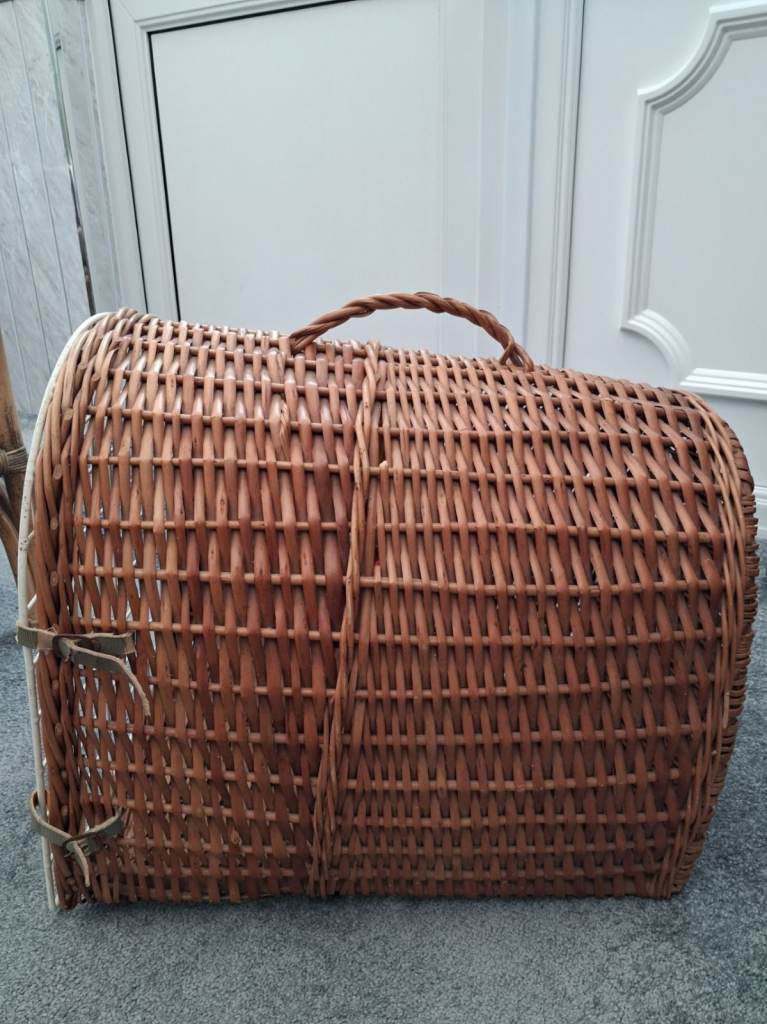 Vintage Wicker Basket Pet Animal Carrier - Leather Strap Fastener