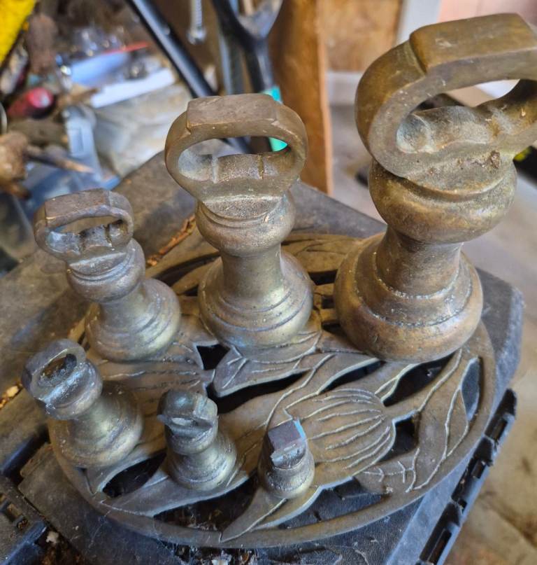 Set of Vintage Brass Weights on Decorative Stand