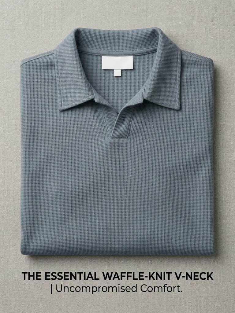New Waffle-Knit V-Neck Polo Shirt – Grey, Unworn