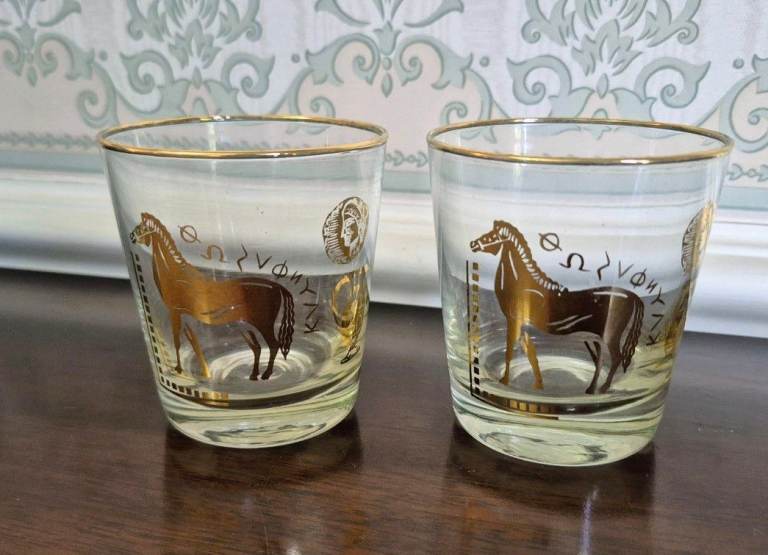 Pair of Chesterfield Glasswear 1960s Trojan horse greek script Tumblers Glasses 