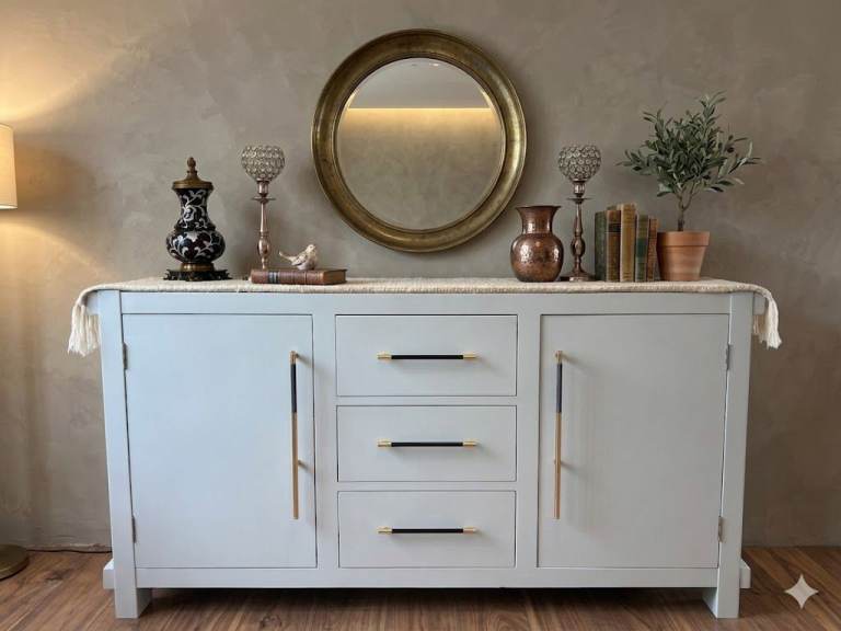 Solid Wood Light Grey Sideboard Large Cabinet Storage Cupboard Modern RRP- £650!