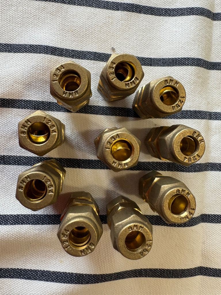Straight Couplers Brass 8mm x 10 New and Unused. 