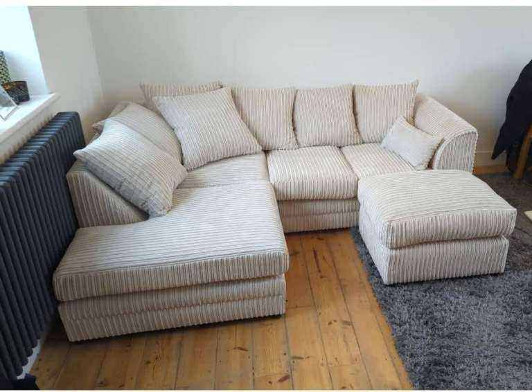 Comfy Dylan Jumbo Cream Corduroy Corner Sofa with Chaise and Footstool