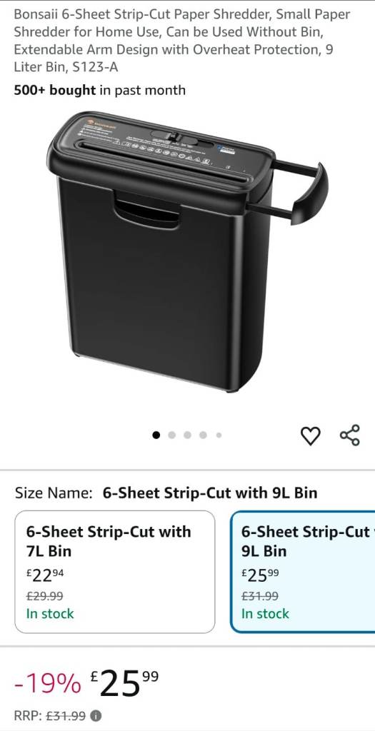 Bonsaii 6-Sheet Strip-Cut Paper Shredder 9L Bin