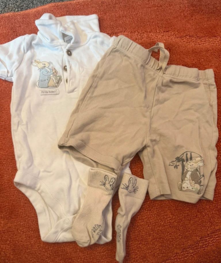 Peter Rabbit Baby Outfit - Bodysuit, Shorts & Socks, Good Condition