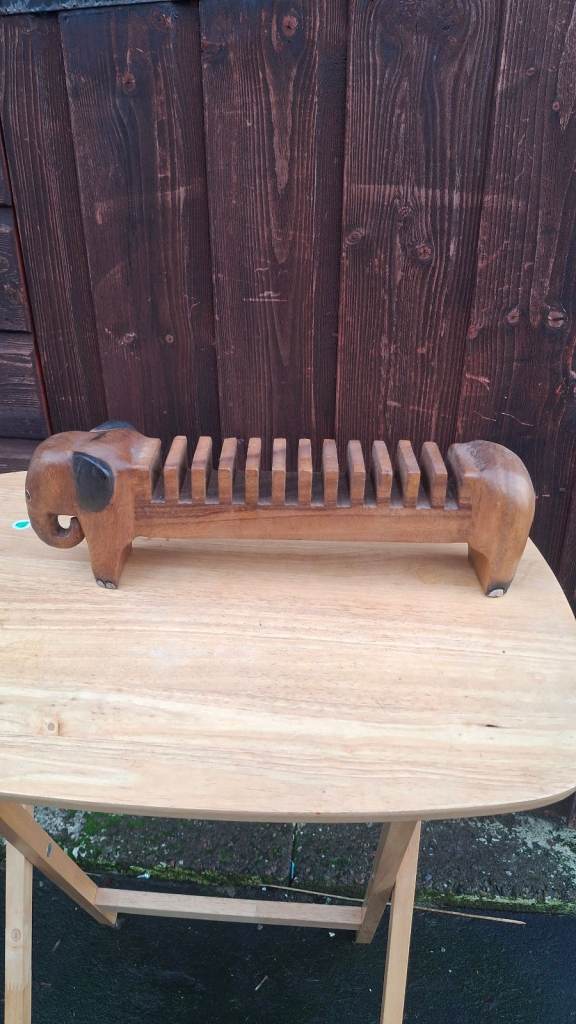 Vintage Elephant Wooden Carved Wood African Animal Table Decor Cd rack