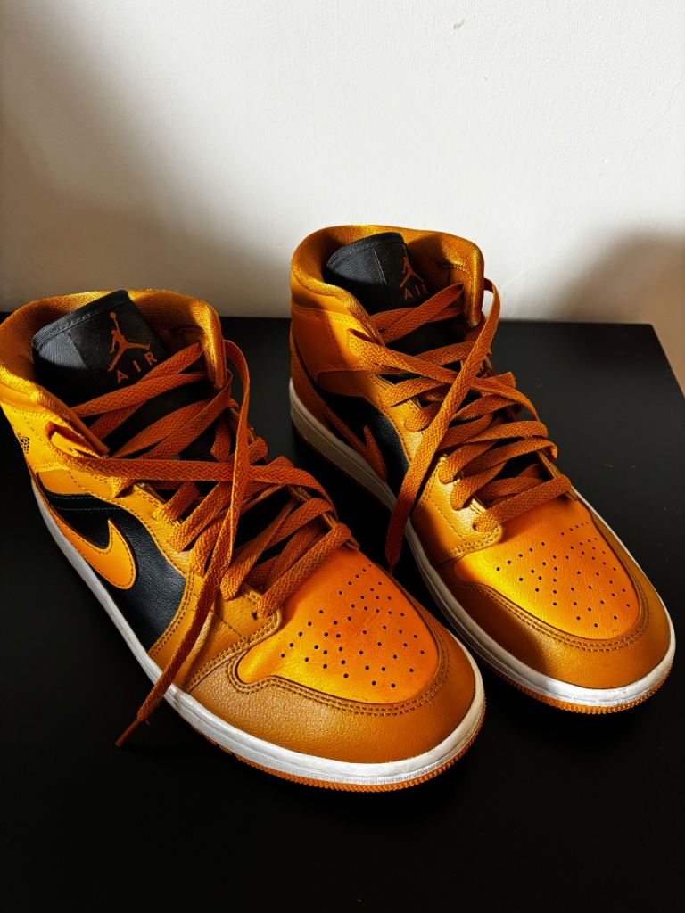 Nike Air Jordan 1 Mid Trainers – Orange and Black, Good Condition