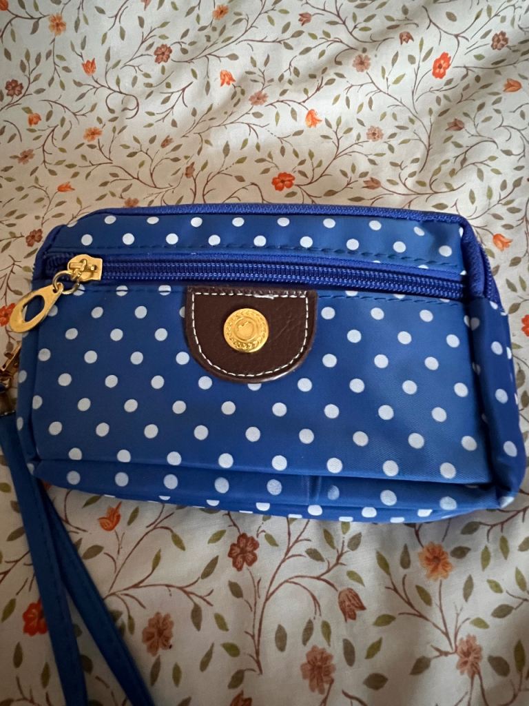 Polka dot wristlet purse with gold hardware