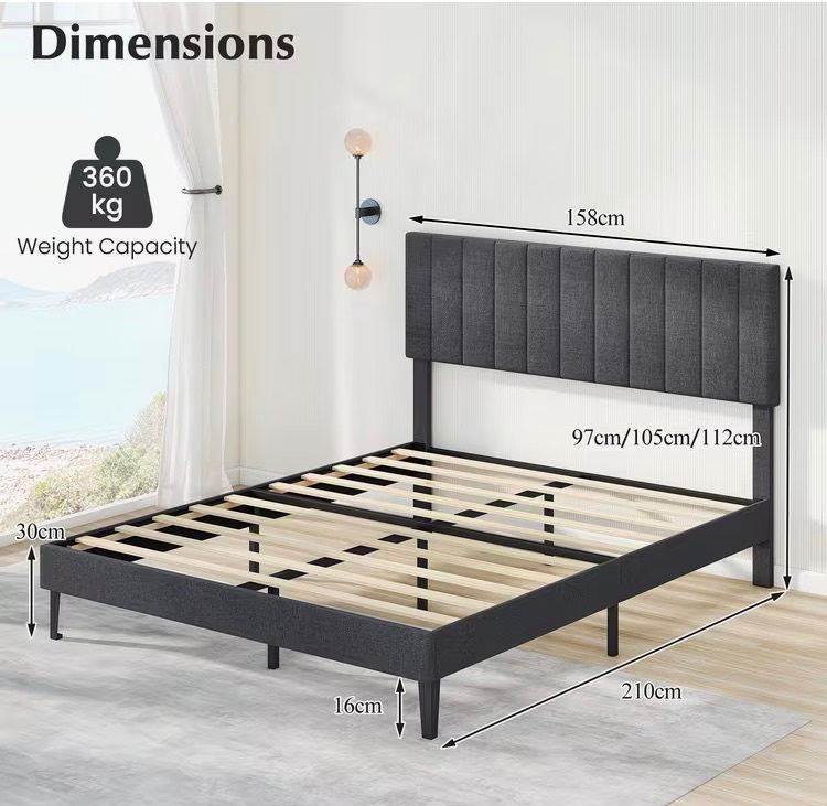 New Grey Wood Double Bed Frame with Padded Headboard