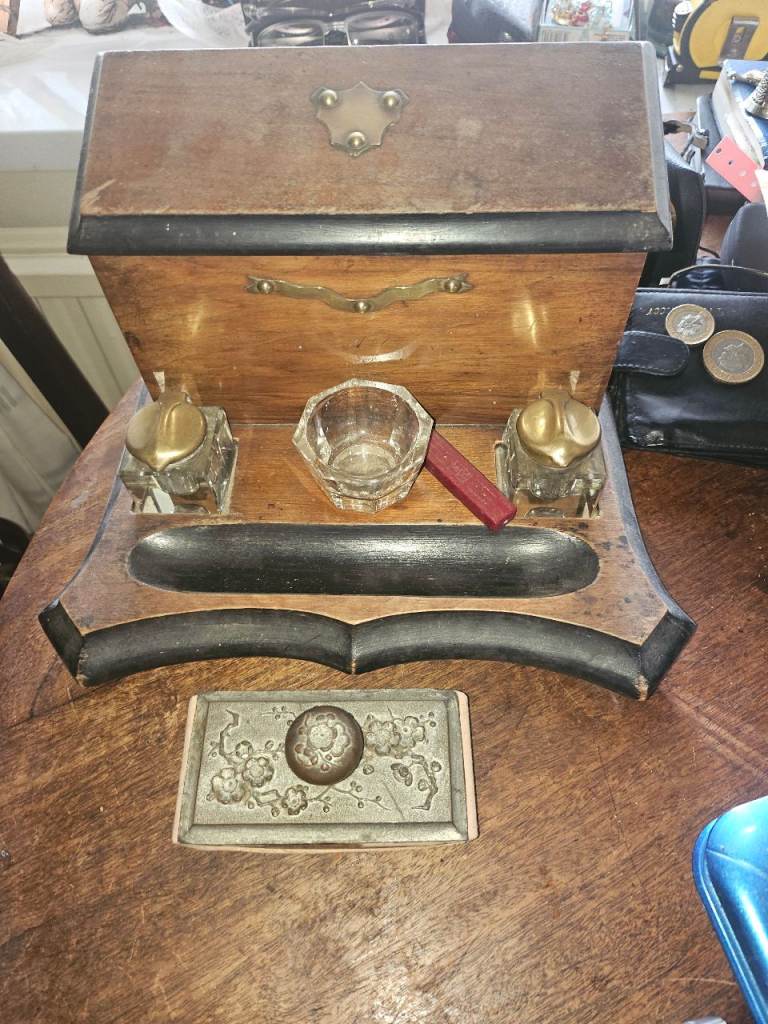 Vintage Wooden Desk Tidy / Inkwell Box - Fair Condition