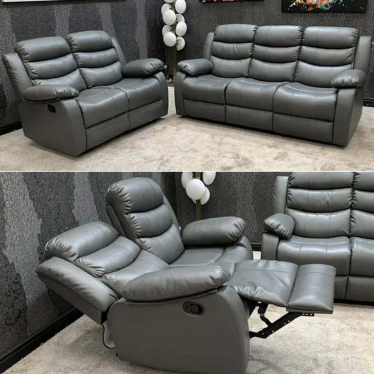 Roma Recliner Leather | Brand New Corner and 3+2 Seater Sofa with cup Holder | Grey & Black Color