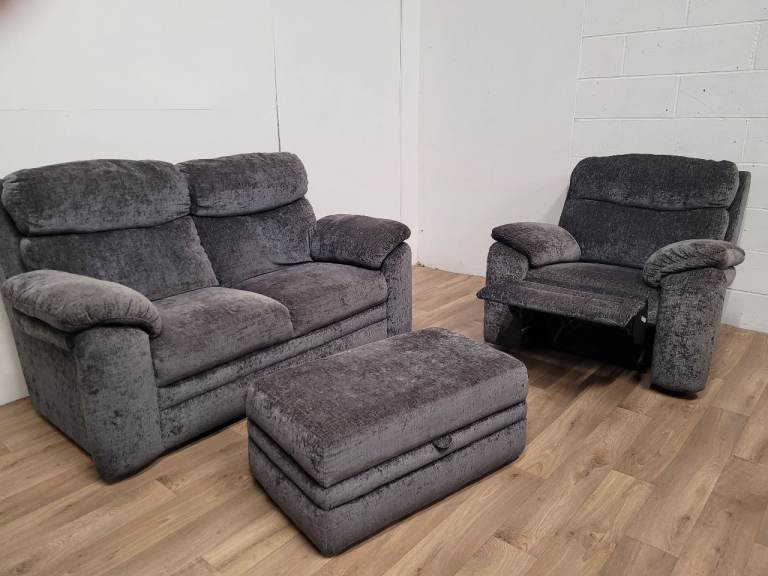 Cosy Grey Fabric 2 Seater Sofa, Armchair & Storage Footstool Set FREE DELIVERY 
