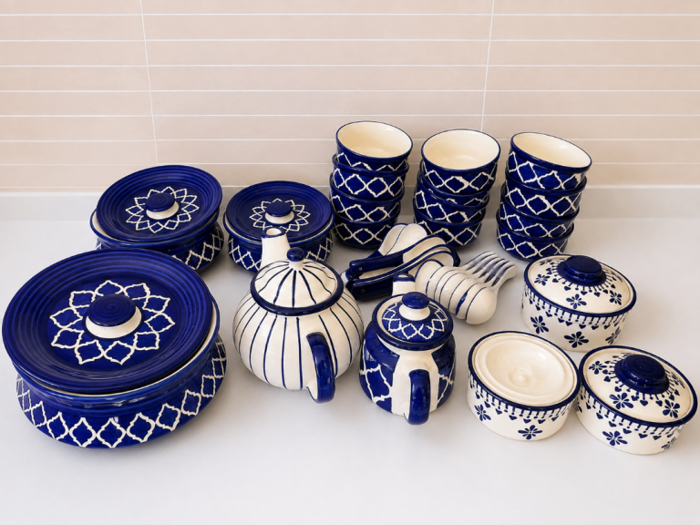 Imported from India- Beautiful Blue & White Ceramic Tableware Collection – 44 Pieces