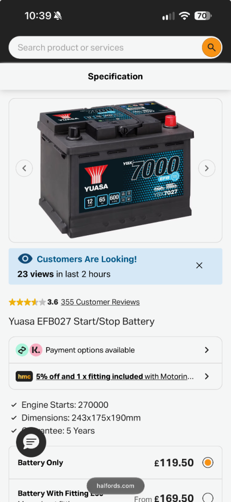 Yuasa EFB027 Start/Stop Battery £100 ONO