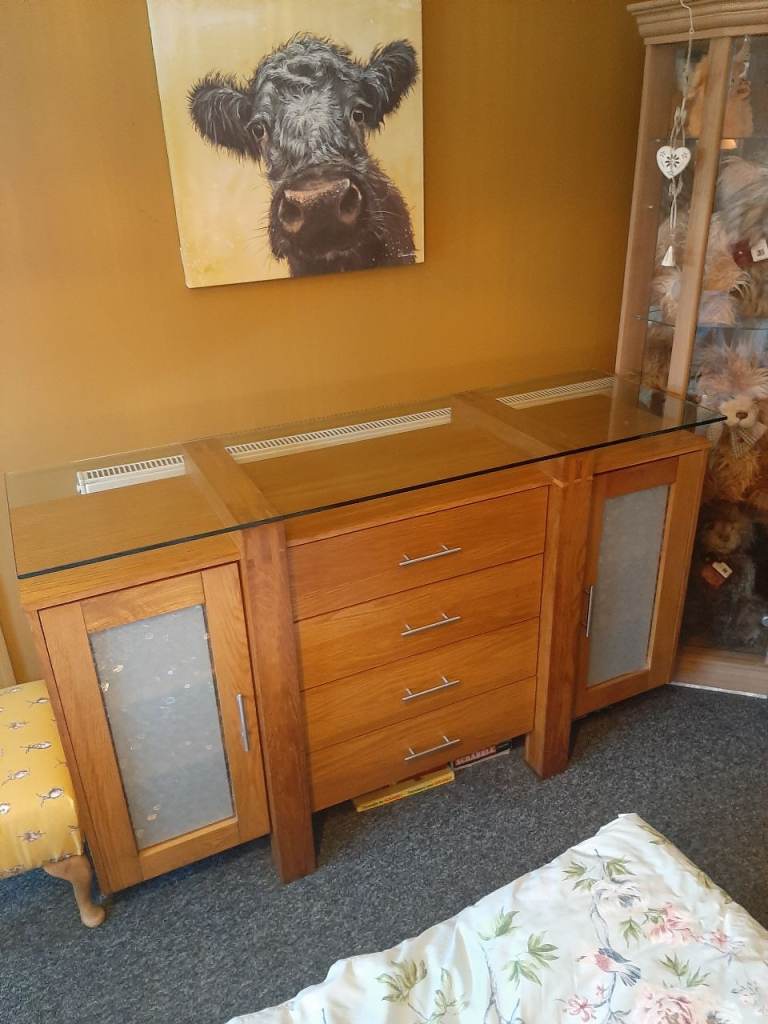 Solid oak sideboard with glass top