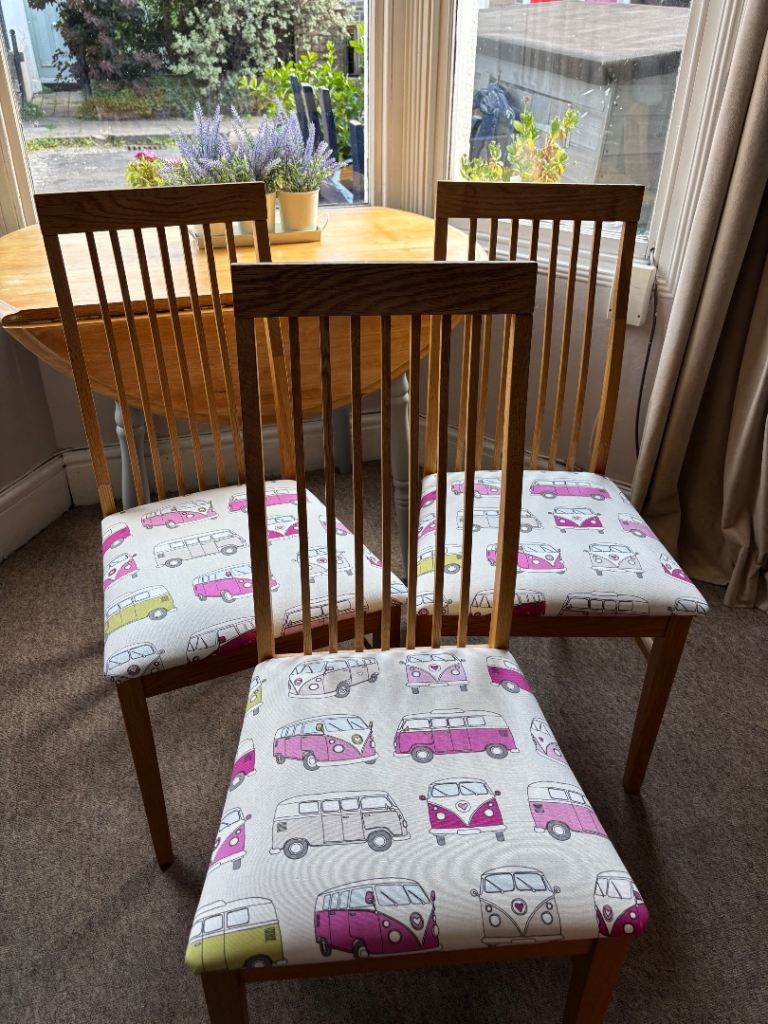 3 Newly Upholstered Dining Chairs in Camper van fabric!