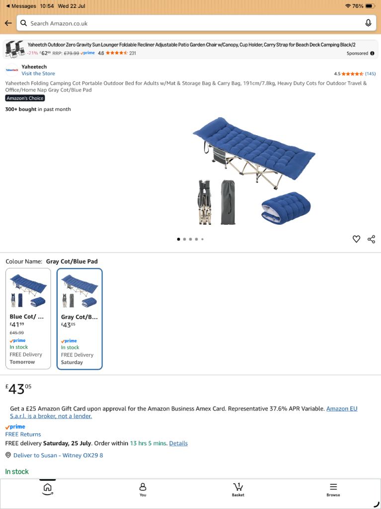 Folding Camping Cot with Mattress – Blue, used once