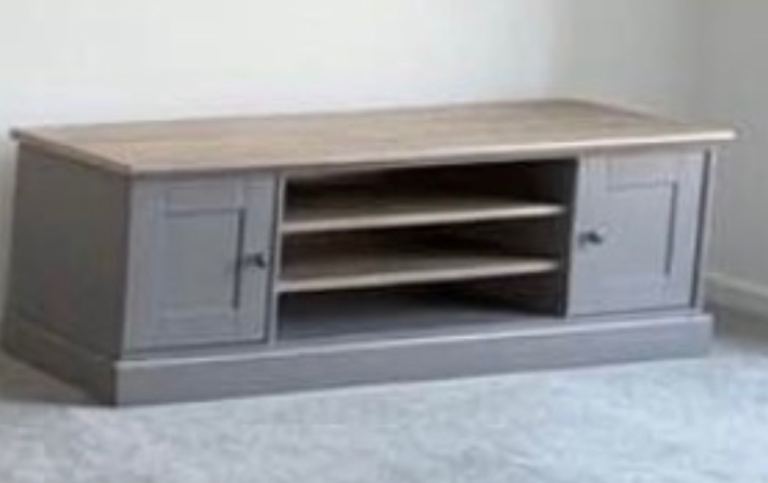 Grey Wooden TV Stand with Shelves and Cupboards – Good Condition